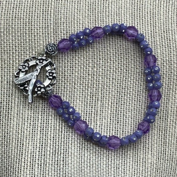 Hummingbird Toggle Bracelet 8 In Purple Silver Flowers Sparkle Faceted Retro - Picture 1 of 11